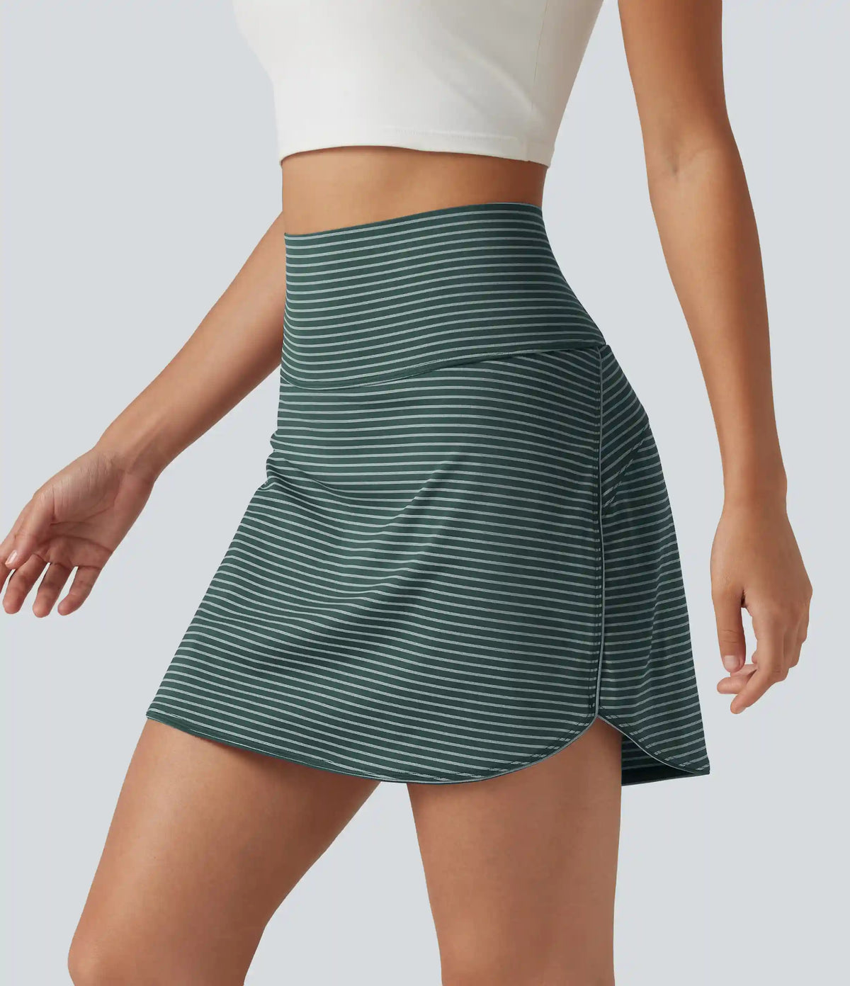 Ultra High-Waist Tummy Control Curved Hem 2-in-1 Stripes Golf Mini Skirt with Pockets