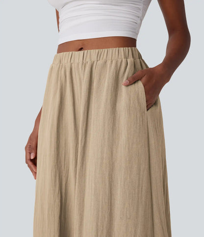 Mid Rise Wide Leg Flowy Linen-Feel Pants with Pocket