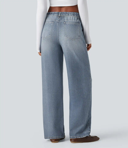 Mid Rise Denim Print French Terry Casual Sweatpants Jeans with Pockets