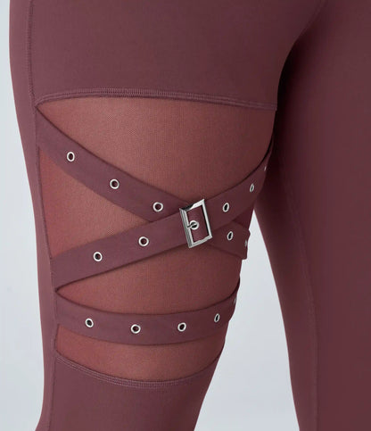 DayStretch High Waisted Crossover Contrast Mesh Decorative Buckle Yoga Plus Size Leggings
