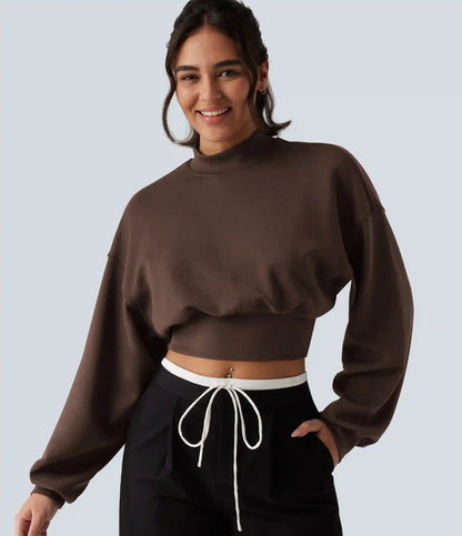 Mock Neck Dropped Long Sleeve Casual Cropped Sweatshirt