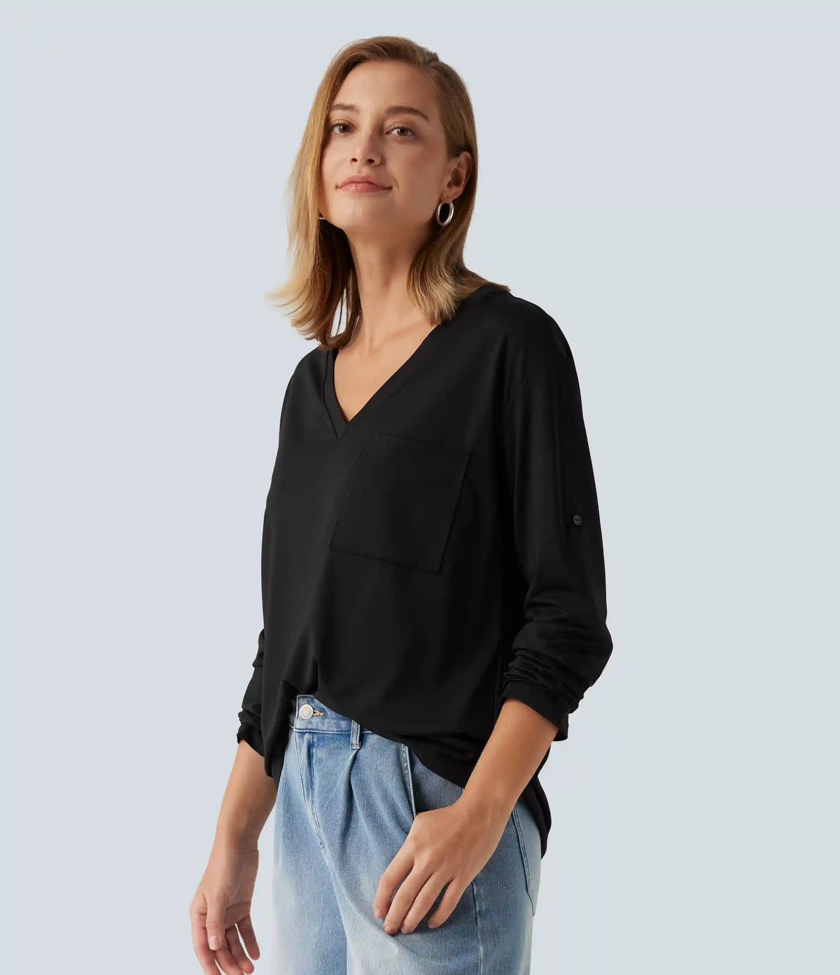 V Neck Long Sleeve Casual T-Shirt with Pocket
