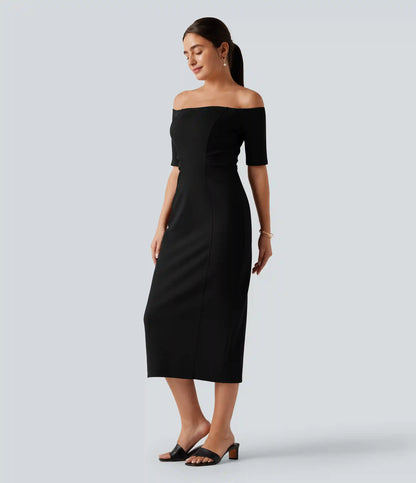 Off Shoulder Short Sleeve Bodycon Midi Dress