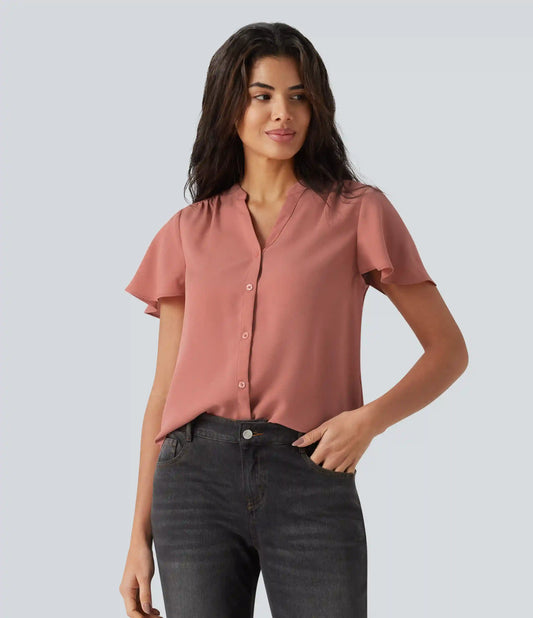 V-neck Flounce Sleeve Curved Hem Casual Blouse