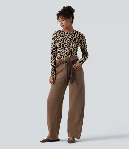 Round Neck Long Sleeve Leopard Print Casual Slim Top