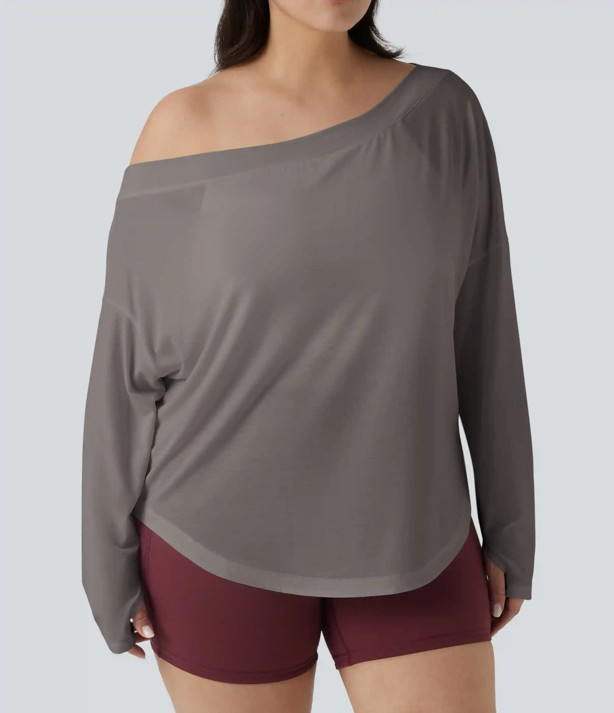 One Shoulder Long Sleeve Thumb Hole Curved Hem High Low Quick Dry Yoga Plus Size Sports Top-Built-in Bra