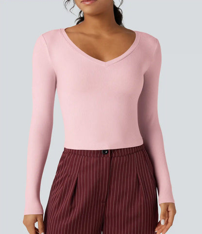 Ribbed Knit V Neck Long Sleeve Cropped Work T-Shirt