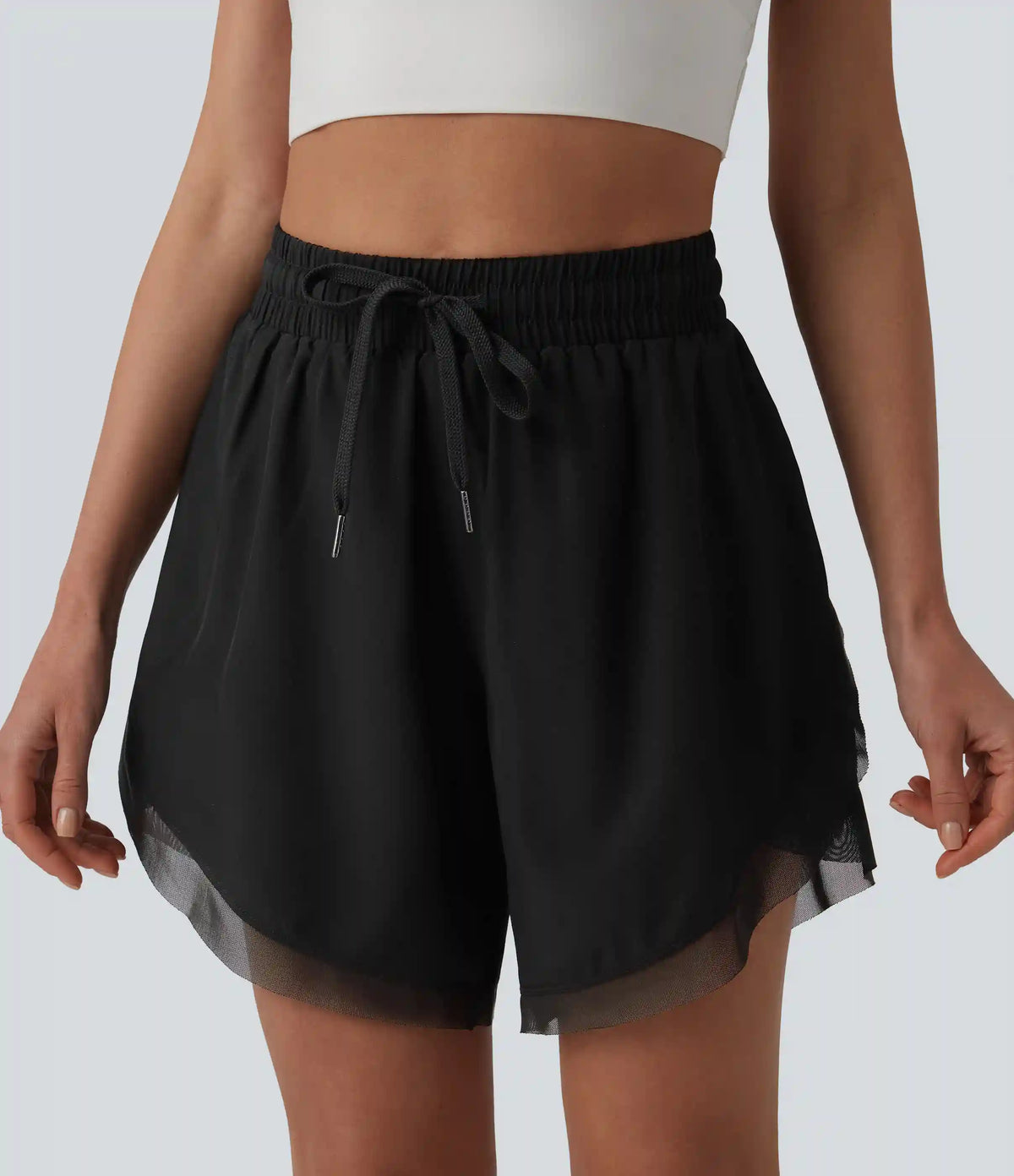 Mid Rise Drawstring Contrast Mesh 2-in-1 Flowy Yoga Shorts 7''