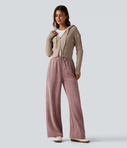 High Waisted Drawstring Wide Leg Corduroy Casual Pants with Pockets