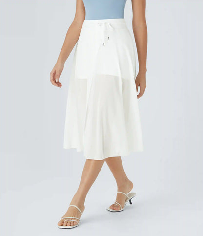 High Waisted Drawstring Contrast Mesh 2-in-1 Pocket Flowy Midi Flare Casual Skirt