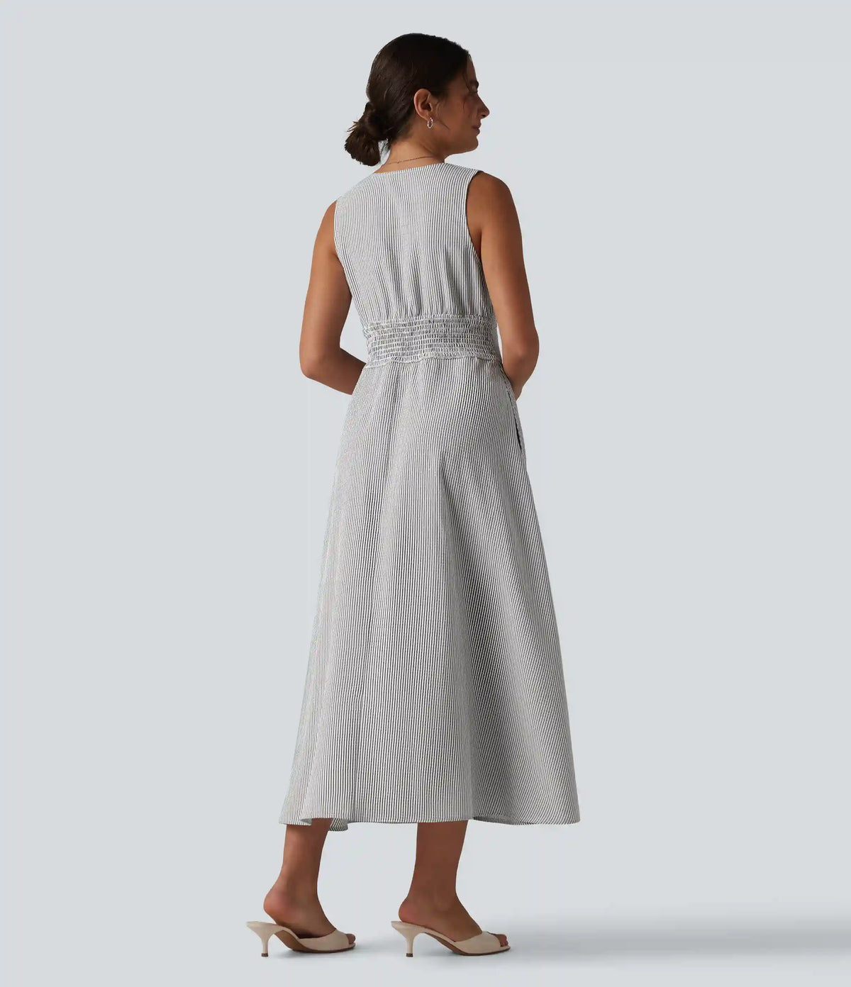 V Neck Sleeveless Stripe Midi Dress with Pockets