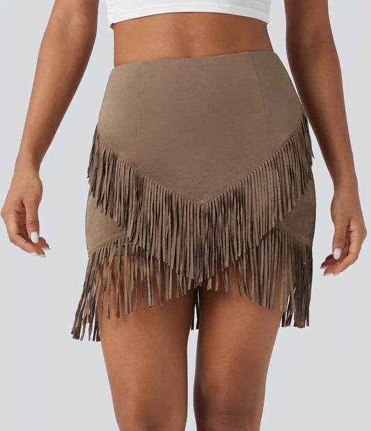High Waisted 2-in-1 Fringe Hem Bodycon Mini Suede Casual Skirt