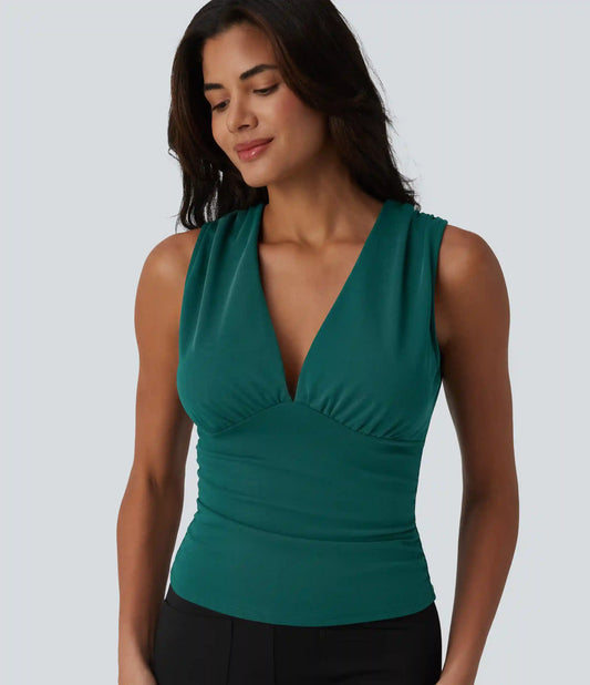 V Neck Ruched Built-in Bra Work Tank Top