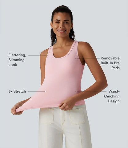 Ribbed Knit U Neck Built-in Bra Dance Tank Top B-E Cups