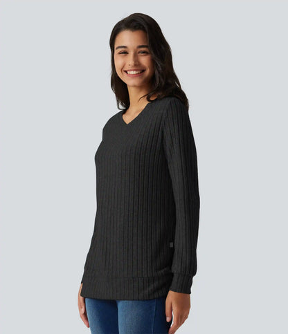 Ribbed Knit V Neck Long Sleeve Casual T-Shirt