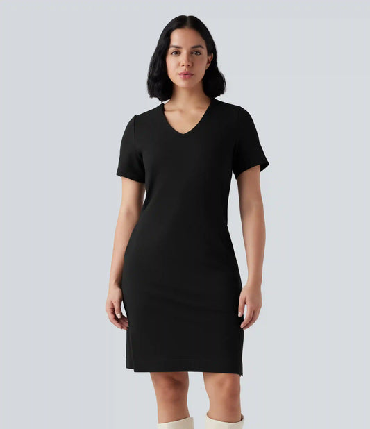 Wear-Resistant V-neck Zipper Short Sleeve Split Hem Ponte Roma Work Dress with Pockets