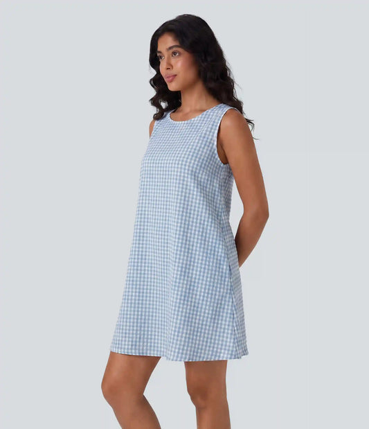 Round Neck Sleeveless Mini Crinkle Gingham Casual Tank Dress with Pockets
