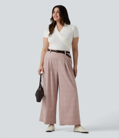 Plus Size High Waisted Wide Leg Houndstooth Plaid Casual Pants with Pockets