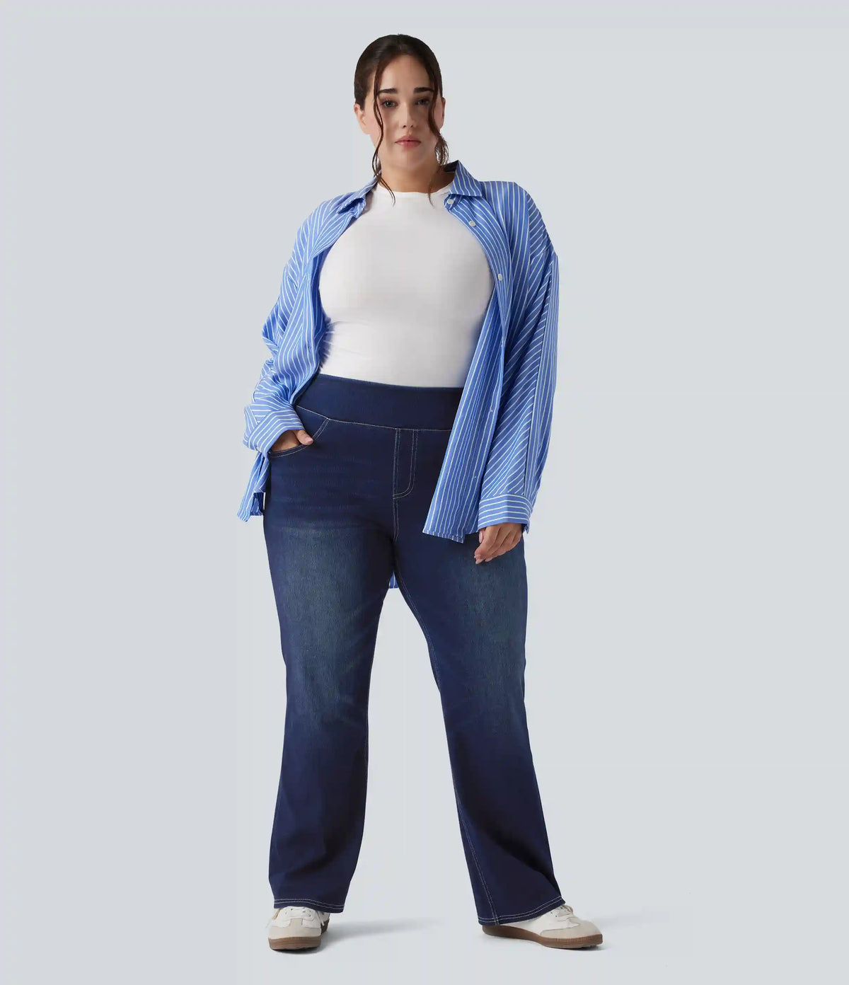 Halara Flex™ High Waisted Pockets Washed Casual Bootcut Plus Size Jeans