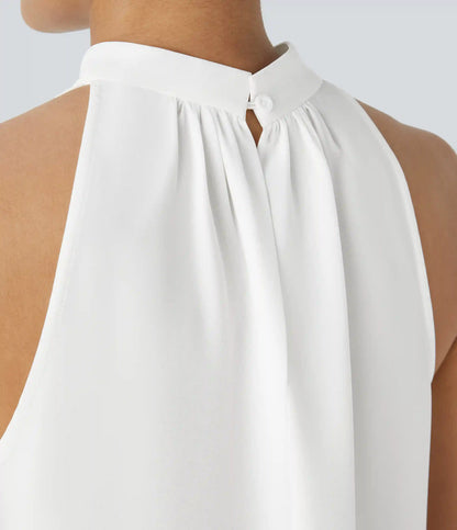 Keyhole Back Halter Sleeveless Curved Hem Work Blouse