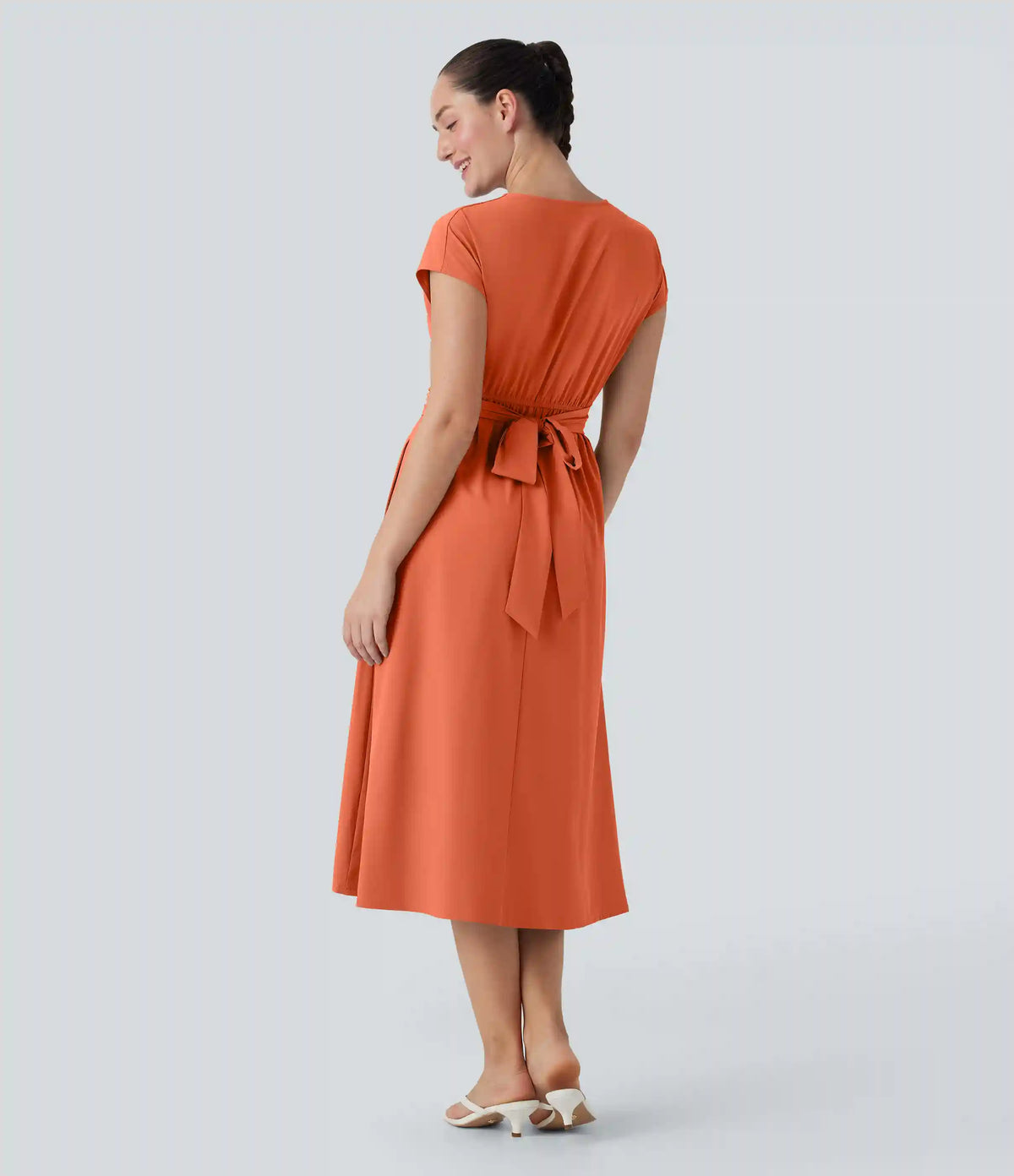Breezeful™ V Neck Short Sleeve Pocket Tie Back Quick Dry Midi Casual Dress