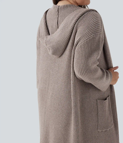 Hooded Long Sleeve Pocket Longline Casual Plus Size Cardigan