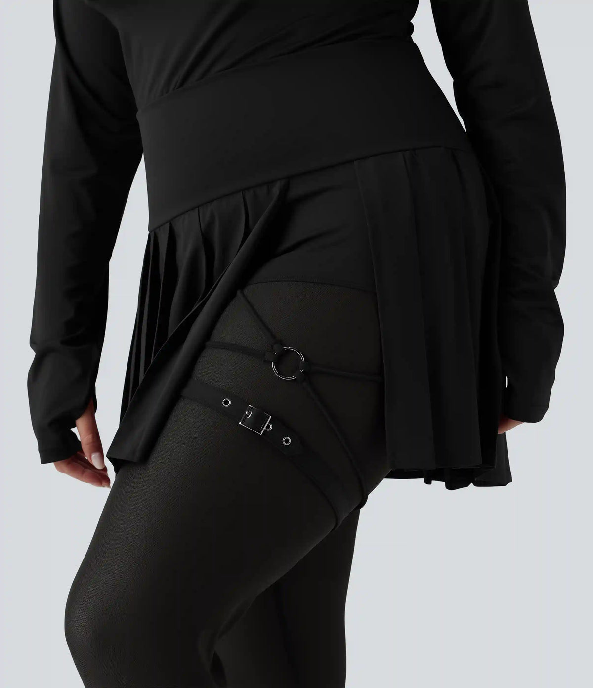 Breezeful™ High Waisted Pleated 2-in-1 Contrast Mesh Quick Dry Dance Plus Size Stirrup Skirted Leggings with Pockets