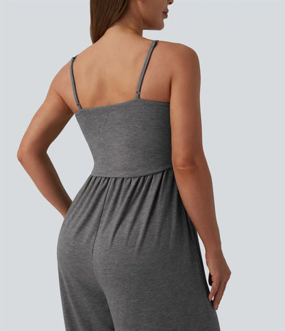 Adjustable Straps Ruched Wide Leg Heathered Casual Jumpsuit with Pockets-Easy Peezy