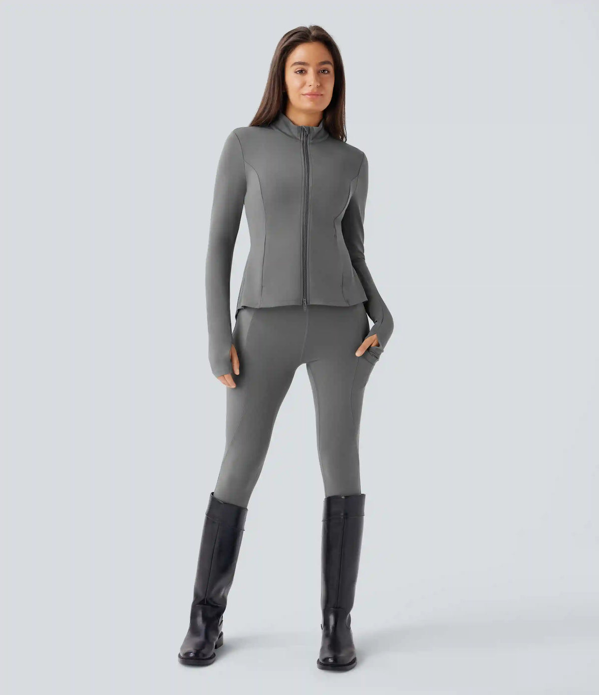 SoftlyZero™ Stand Collar Thumb Hole Pockets Pleated Zipper Slim Jacket