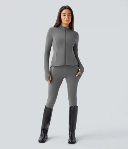 SoftlyZero™ Stand Collar Thumb Hole Pockets Pleated Zipper Slim Jacket