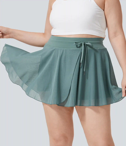 High Waisted Drawstring Contrast Mesh 2-in-1 Pocket Flowy Mini Flare Casual Plus Size Skirt