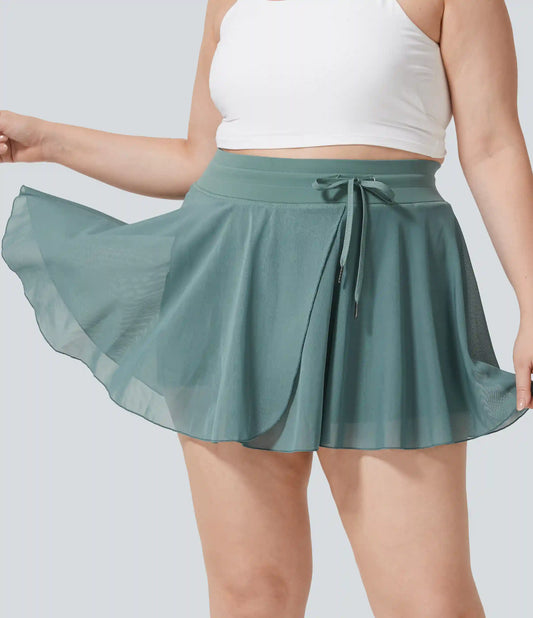 High Waisted Drawstring Contrast Mesh 2-in-1 Pocket Flowy Mini Flare Casual Plus Size Skirt
