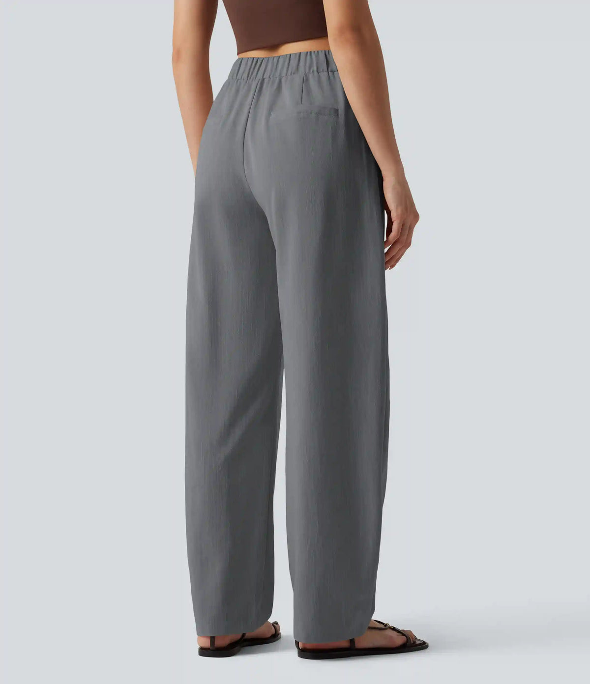 Asymmetric Mid Rise Barrel Leg Work Linen-Feel Pants with Pockets