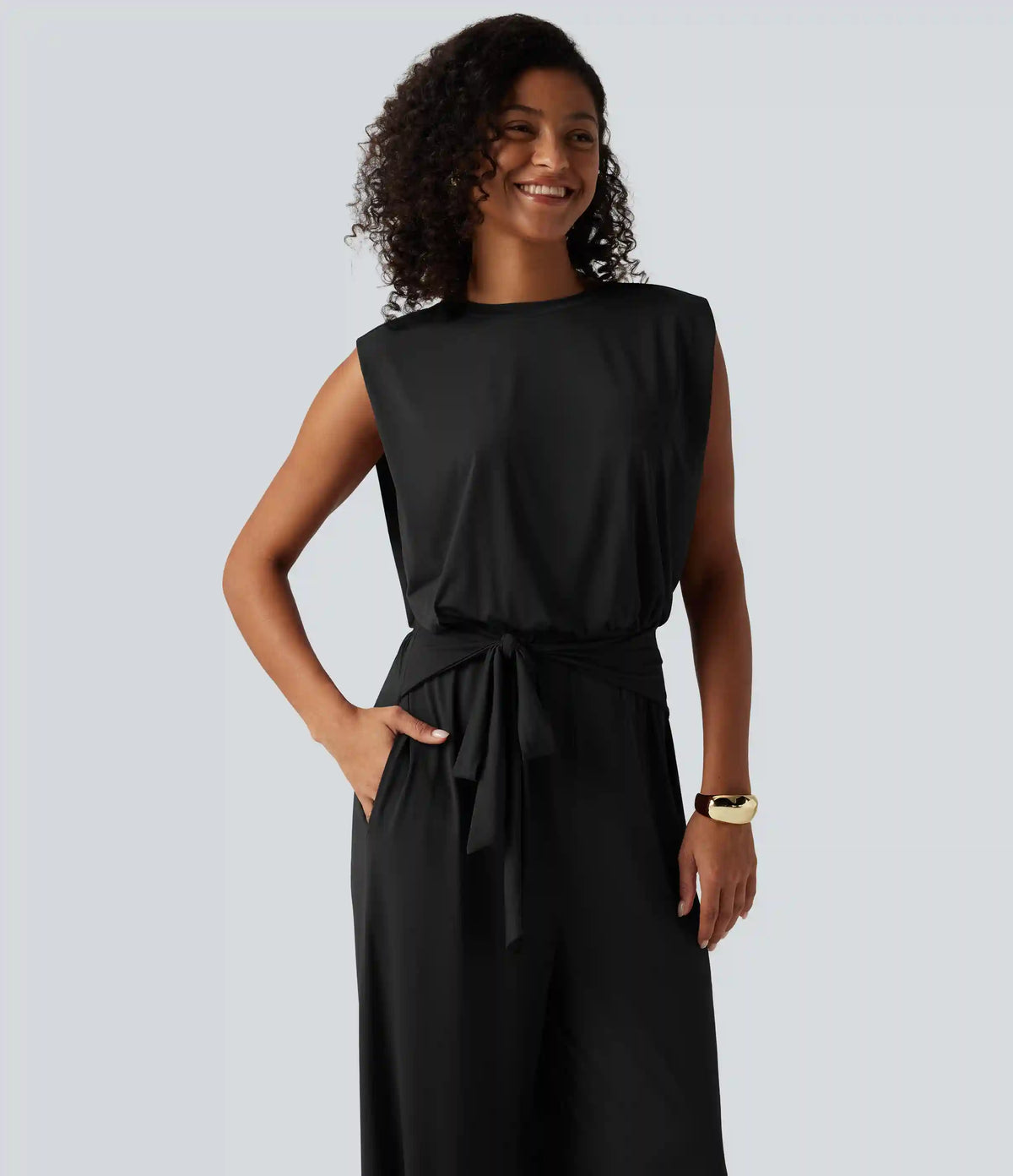Round Neck Sleeveless Tie Front InstantCool Casual Jumpsuit with Pockets-Easy Peezy Edition-UPF50+