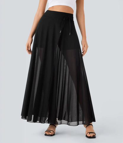High Waisted Drawstring Contrast Mesh 2-in-1 Pocket Flowy Maxi Flare Casual Skirt