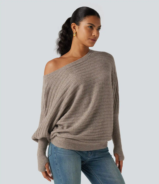 Boat Neck Batwing Long Sleeve Thumb Hole Casual Wool-Blend Sweater