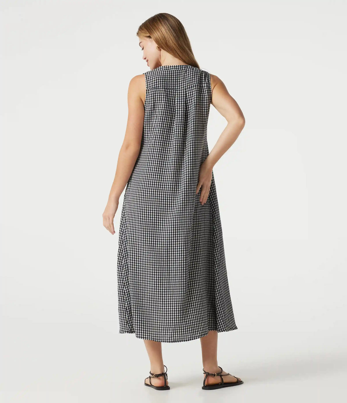 Round Neck Sleeveless Plaid Midi Casual Linen-Feel Dress with Pockets