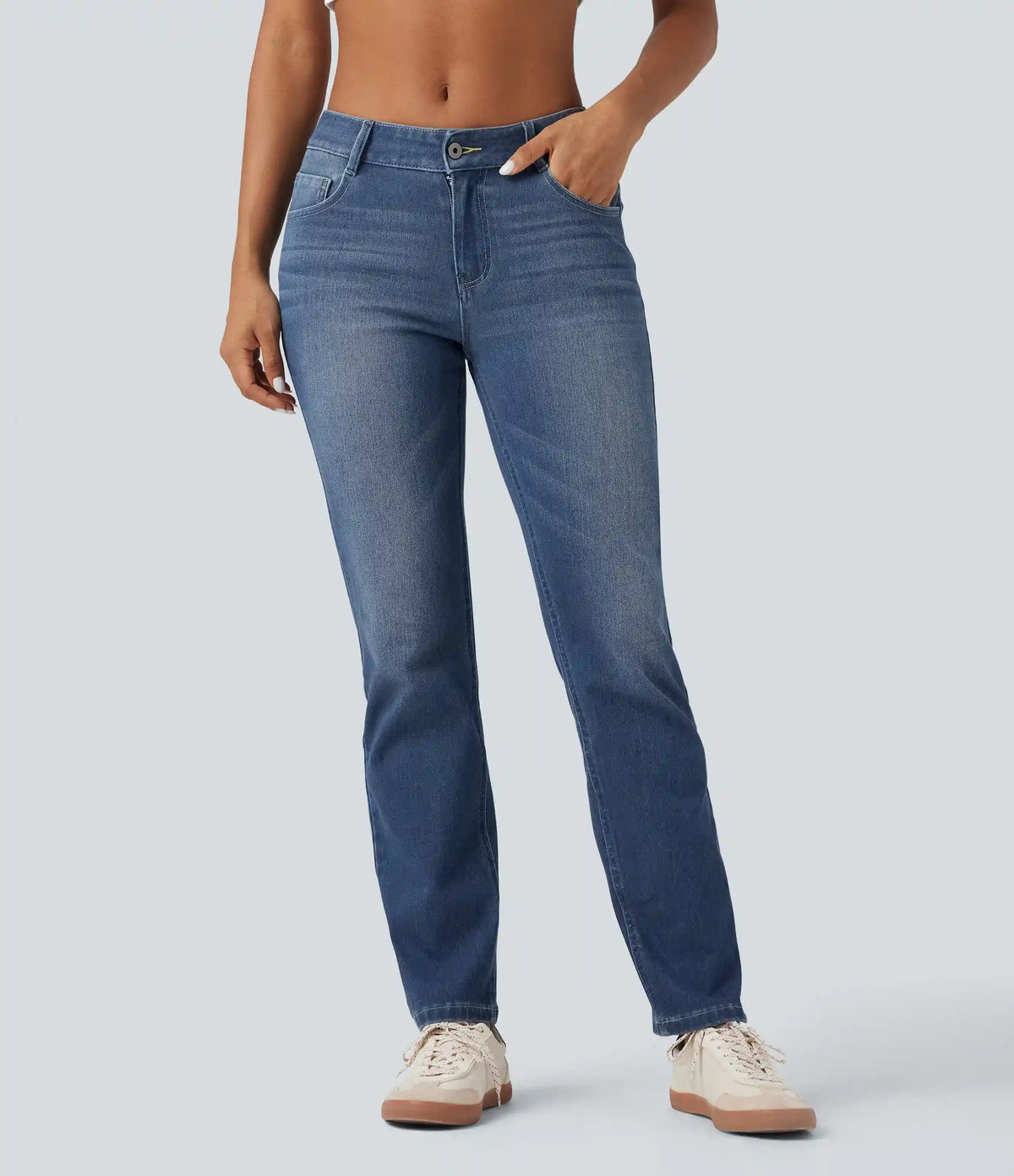 Halara Flex™ Low Rise Zipper Pockets Straight Leg Washed Casual Jeans