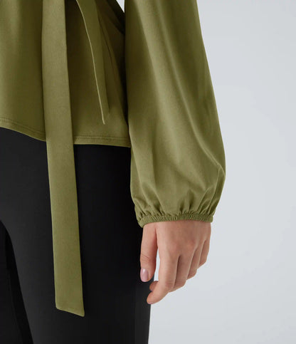Shawl Collar Wrapped Tie Side Ruffle Hem Work Blouse