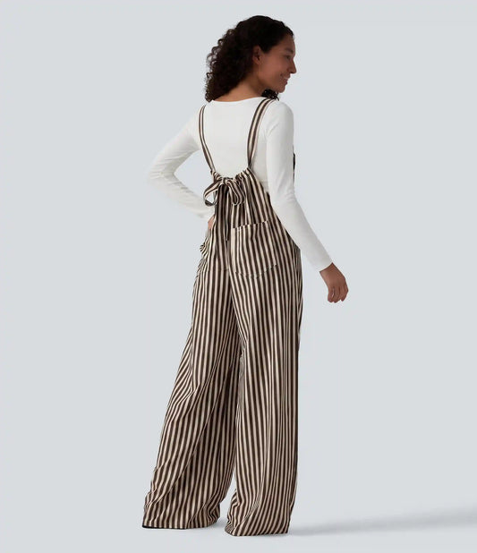 Tie-back Stripes Casual Baggy Overalls with Pockets