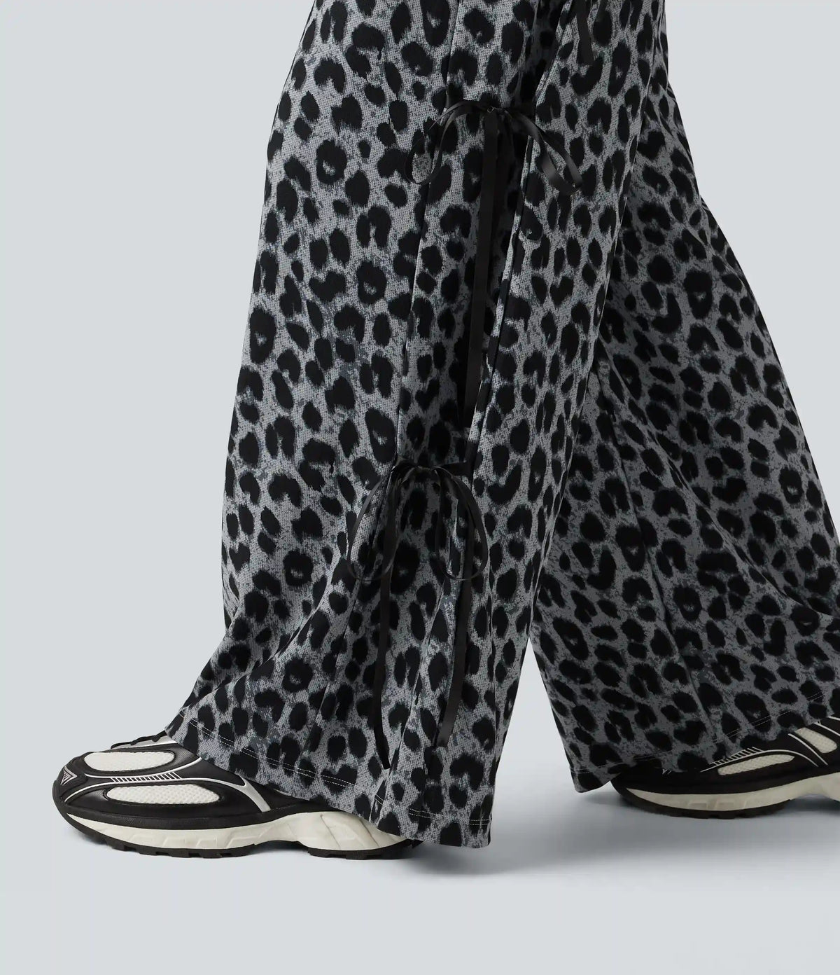 High Waisted Leopard Print Waffle Wide Leg Casual Pants with Pockets