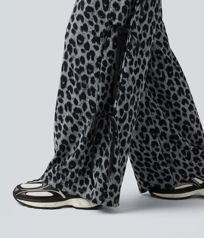 High Waisted Leopard Print Waffle Wide Leg Casual Pants with Pockets