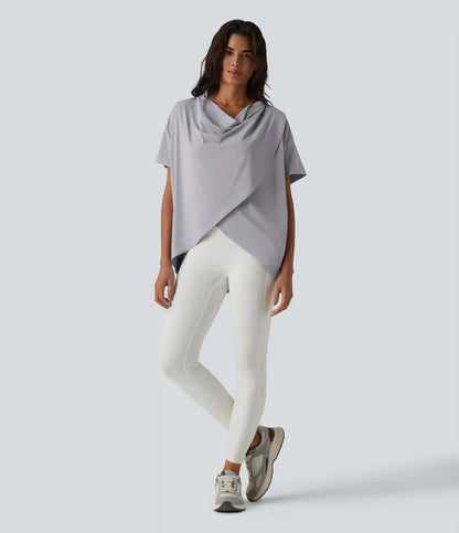 Hooded Cowl Neck Short Sleeve Yoga Sports Top with Pockets