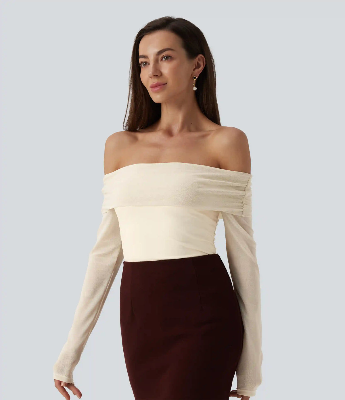 SoftlyZero™ Plush Off Shoulder Mesh Long Sleeve Top