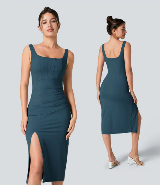 SoftlyZero™ Airy Square Neck Backless Corset Ruched Split Bodycon Midi InstantCool Bridesmaid and Wedding Guest Dress