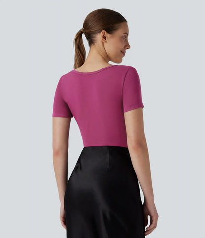 U Neck Short Sleeve Snap Skinny Work Bodysuit