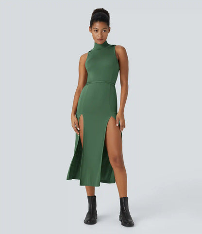 Ribbed Hooded High Neck Sleeveless Cut Out Tie Back 2-Piece Midi Casual Dress