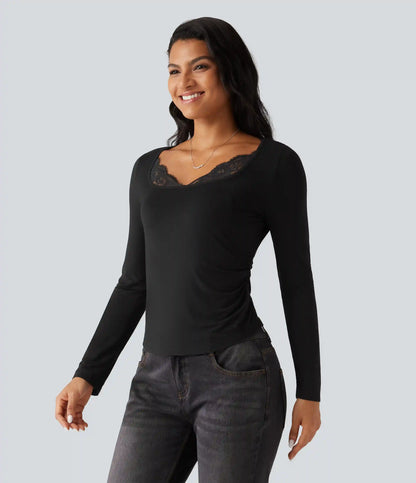 Square Neck Long Sleeve Contrast Lace Casual T-Shirt