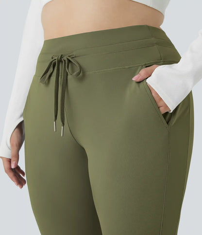 SoftlyZero™ Plush High Waisted Drawstring Pocket Plain Full Length Plus Size Joggers
