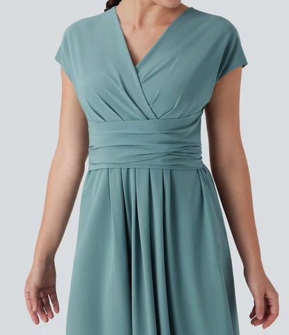 Breezeful™ V Neck Short Sleeve Pocket Tie Back Quick Dry Midi Casual Dress
